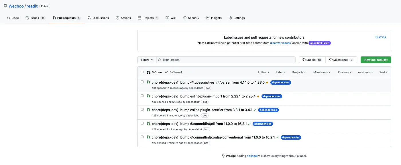 Pull Requests abertos para as dependências.